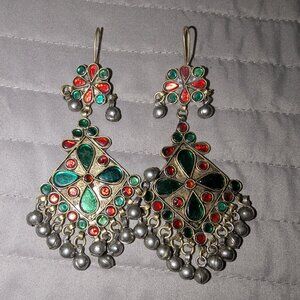 $3 with Bundle ~ Green & Red Enamel Afghan Style Chandelier Earrings 5887